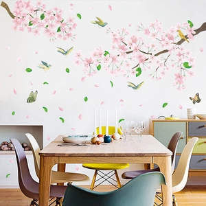 Romantic Pink Peach Blossom Wall Stickers For Living Room Bedroom PVC Self-Adhesive Floral Bird Butterfly Home Decor Decals