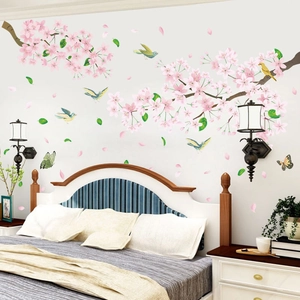 Pink peach blossom wall stickers with birds and butterflies for bedroom wall decor