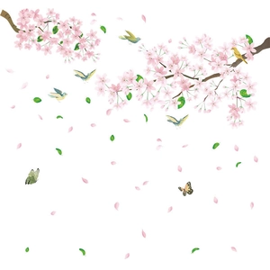 Pink cherry blossom tree branch wall stickers with birds and butterflies for home decor