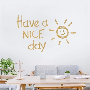 Sticker mural doré brillant Have a Nice Day avec soleil pour déco de chambre zen