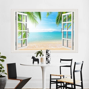 Detailed close-up of 3D fake window wall sticker featuring a tropical beach and ocean view