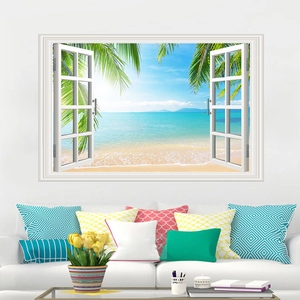 3D wall sticker with tropical beach view and white window frame for home wall decor
