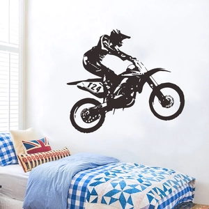 Autocollant Mural Silhouette Coureur Motocross Noir PVC Amovible Décalcomanie pour Chambre Garçons Salon Décoration Moto Numéro 124