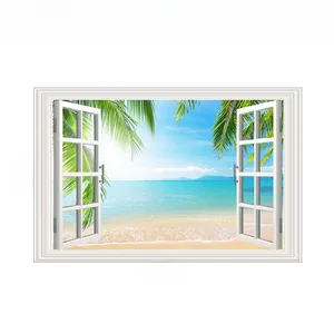 Detail of 3D fake window wall decal showing a 56x86cm tropical beach and palm landscape