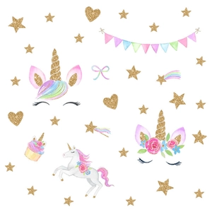 Lot détaillé de stickers licorne dorés avec arcs-en-ciel, étoiles et cœurs décoratifs