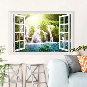 3D forest waterfall fake window wall sticker for living room home wall decor