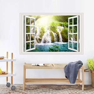 Detailed 3D wall sticker featuring a realistic forest waterfall landscape through a white window frame