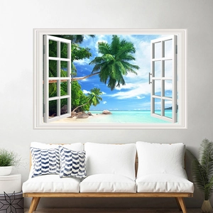 Detailed 3D tropical beach window wall sticker showing palm trees and ocean on a white wall
