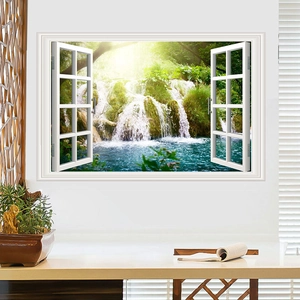 Detail of 3D forest waterfall wall sticker with a realistic white faux window frame
