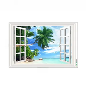 Flat layout showing a 60x90cm tropical beach fake window wall sticker with palm trees