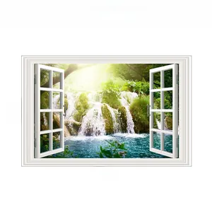 Detail view of 3D forest waterfall window wall sticker showing 86cm by 56cm dimensions