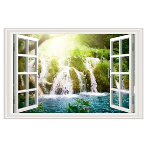 Detail of 3D fake window wall sticker featuring a forest waterfall and sunlight