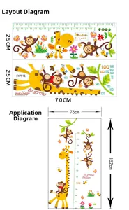 Detailed size guide for cartoon giraffe height wall sticker measuring up to 180cm