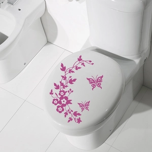 Pink butterfly and flower vine toilet lid stickers for bathroom decor and wall art