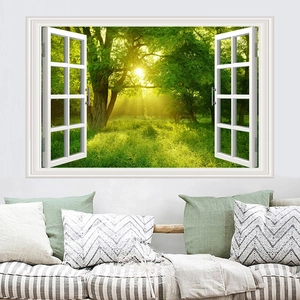 3D forest faux window wall sticker for living room decor with bright sunlight effect