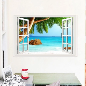 Detail of 3D window wall sticker showing a tropical beach with palm trees and blue sea
