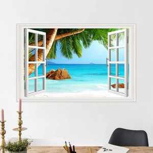 Detail of 3D fake window wall decal showing tropical beach with coconut trees and blue ocean