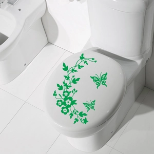 Waterproof butterfly and flower vine toilet seat wall sticker with green plant leaf design