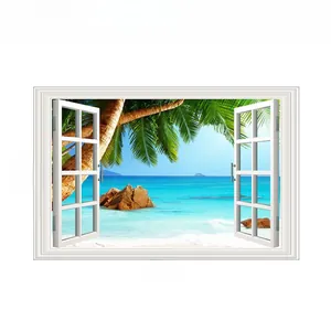 3D fake window wall sticker featuring tropical beach view with 86cm x 56cm dimensions