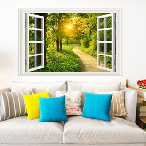 Detailed 3D false window wall sticker showing a forest path with golden sunset light