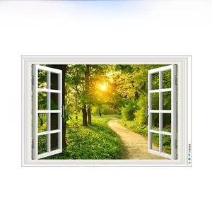 3D forest path fake window wall sticker showing 90x60cm dimensions and layout details
