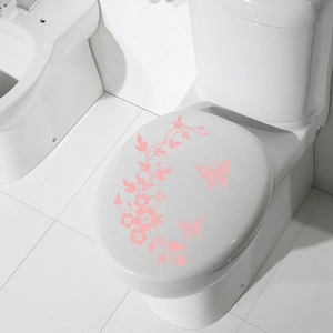 Pink floral and butterfly toilet lid decal with elegant flower vine design