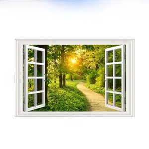 Detailed 3D forest fake window wall sticker showing 86x56cm dimensions on white background