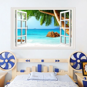 Detailed view of 3D window effect wall sticker featuring tropical beach and sea view
