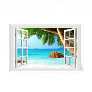 3D fake window wall decal showing beach scenery with dimensions 90cm x 60cm
