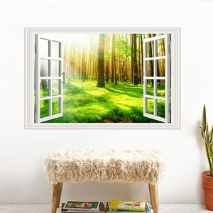 Detailed 3D wall sticker featuring a white faux window opening to a sunlit forest landscape