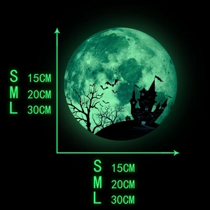Luminous Halloween wall sticker featuring moon, castle and bats in three sizes