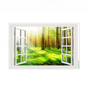 Detail showing the 90x60cm dimensions and 3D forest window wall sticker layout