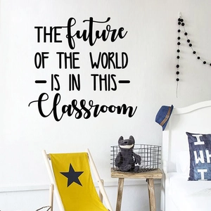 Detail view of The Future of the World inspirational wall decal in a cozy classroom setting