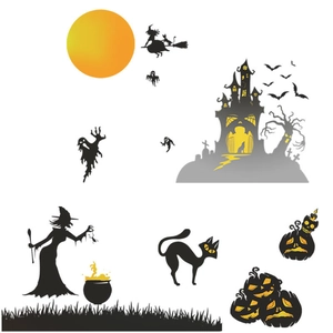 Halloween wall decals set with witch, haunted castle and pumpkin stickers for party decor