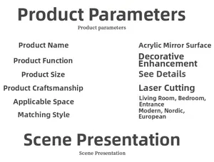 Specifications chart for acrylic mirror wall stickers with laser cut technical details