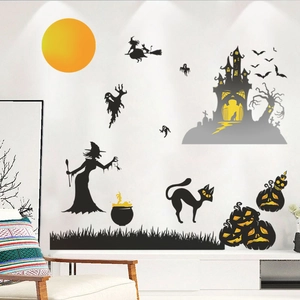 Halloween wall stickers set featuring flying witches, spooky castle, ghosts and bats