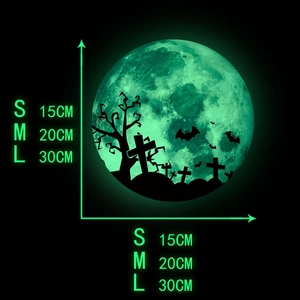 Luminous Halloween wall sticker showing moon sizes 15cm, 20cm, and 30cm with bat silhouettes