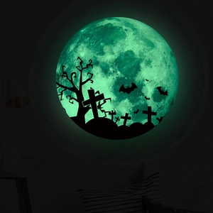 Luminous Halloween Moon Wall Sticker Glow In The Dark Bat Cross Dead Tree Cemetery PVC Decal For Spooky Party Home Decor
