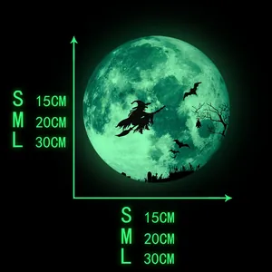 Size guide for luminous Halloween wall stickers featuring wizard silhouette and dimensions