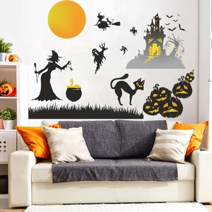 Halloween wall decals set with ghost, witch and castle for festive party home decoration