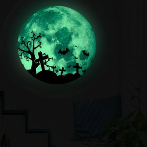 Luminous Halloween wall sticker with glowing moon, cross, bats and dead tree silhouette