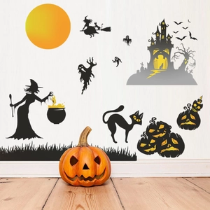 Halloween wall stickers with witch, ghost and castle for festive party decoration