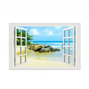 Detailed 86x56cm tropical beach 3D window view wall sticker with palm trees