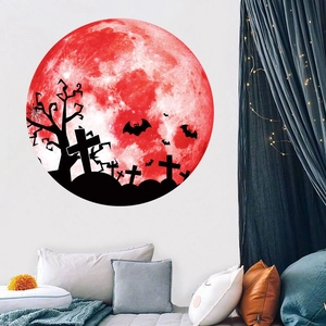 Luminous Halloween wall decal featuring spooky trees and bat silhouettes on red moon