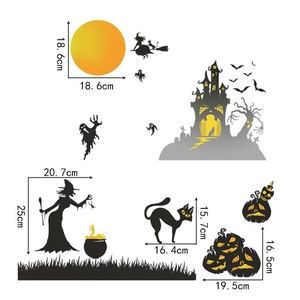 Detailed Halloween wall stickers set dimensions featuring ghosts and haunted castle