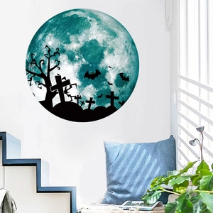 Glow-in-the-dark moon wall sticker with bats and graveyard silhouettes for Halloween