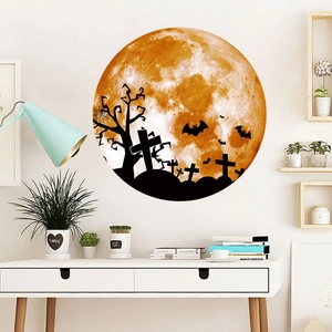 Luminous Halloween wall sticker featuring a full moon with cross, bats, and trees