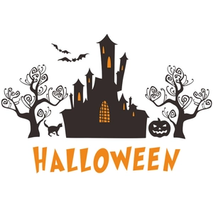 Halloween wall sticker showing a haunted castle with pumpkins, black cats and bats silhouette