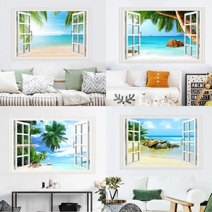 3D Faux Window Wall Sticker Beach View Tropical Palm Trees Ocean Seascape Removable PVC Decal For Living Room Home Decor