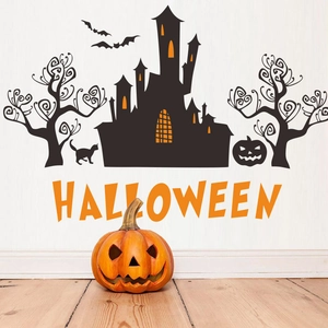 Halloween wall sticker set featuring black castle, bats, and trees for festive room decor